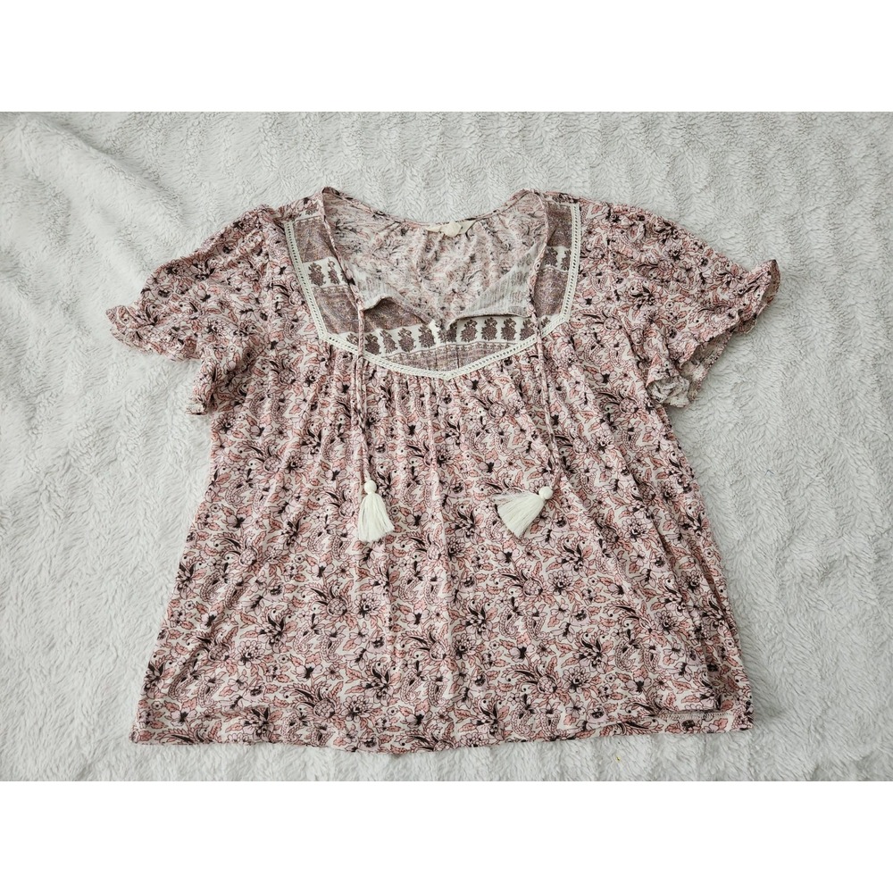 Lucky Brand Women's L Pink Floral Peasant Top Boho Tassel Short Sleeve Blouse...